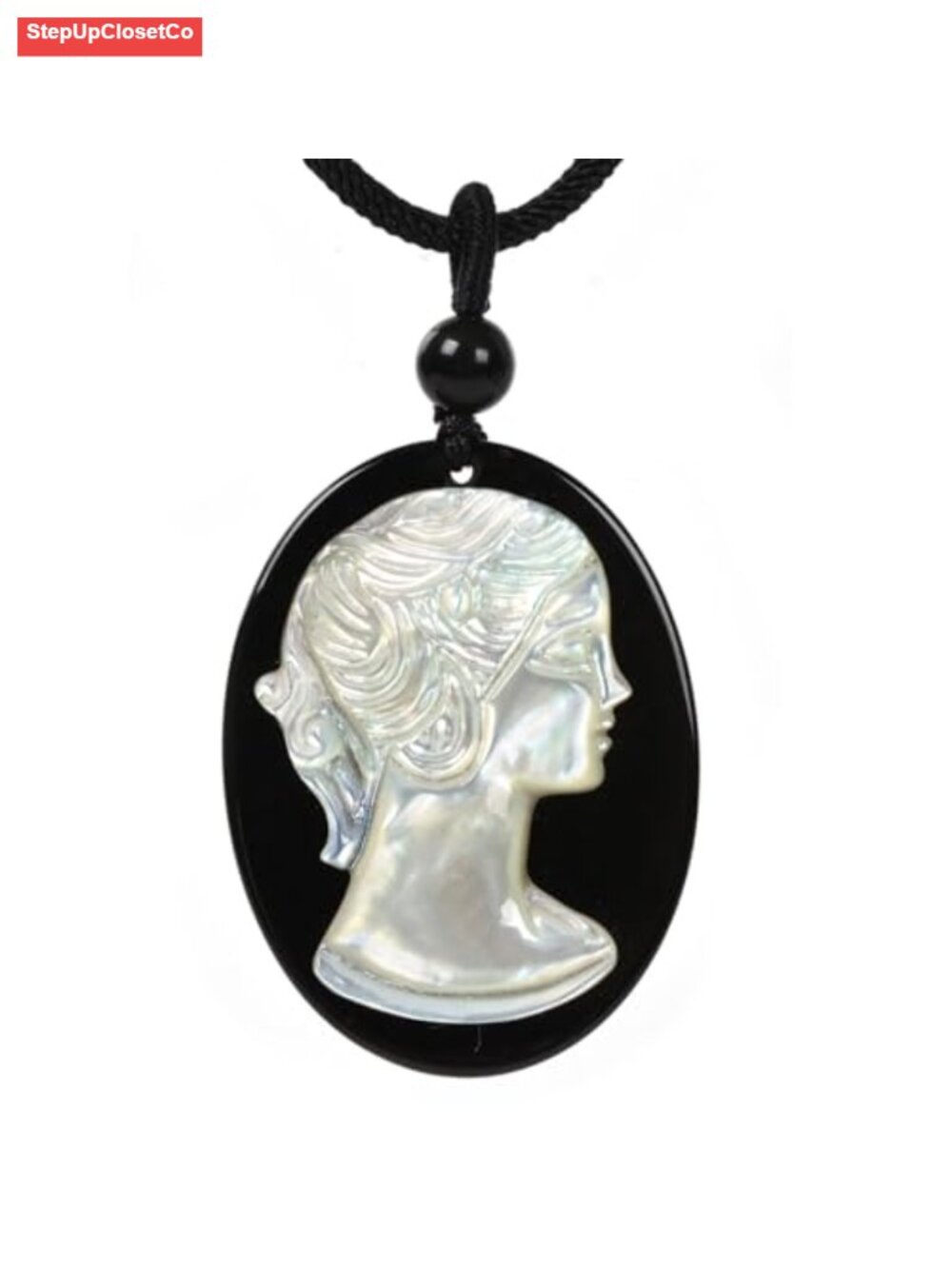 Vintage Carved Lady Portrait Cameo Pendant Necklace Black Onyx Mother of Pearl